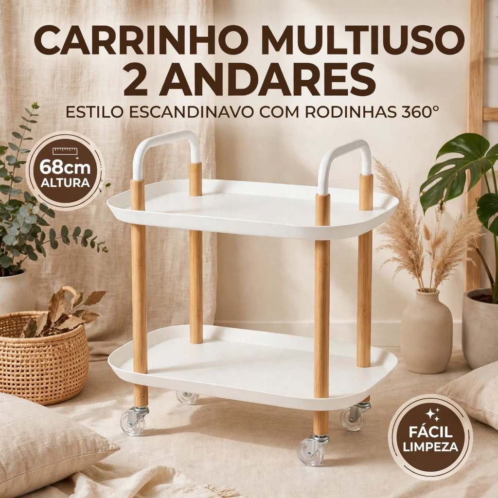 Carrinho Organizador Multiuso 2 Prateleiras Mesa Auxiliar Rodinhas Cozinha Banheiro Lavanderia Salão Escritório Branco