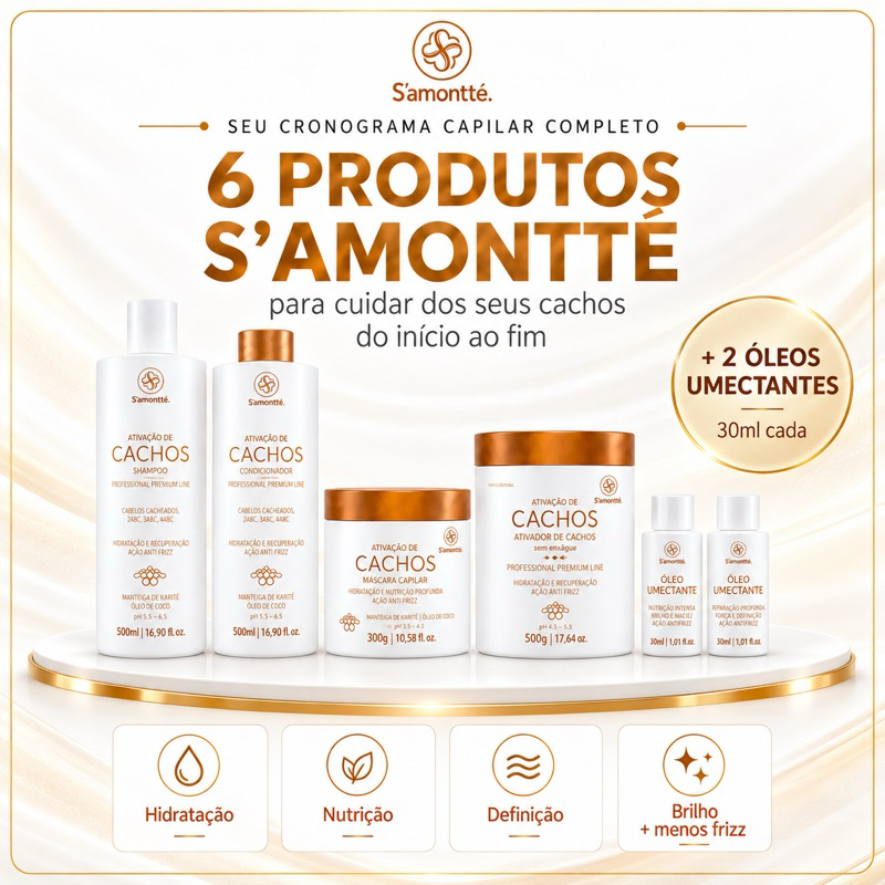Kit Cachos Profissional S’amontté 6 Itens Curly 2A a 4C Extra Hidratação Anti Frizz