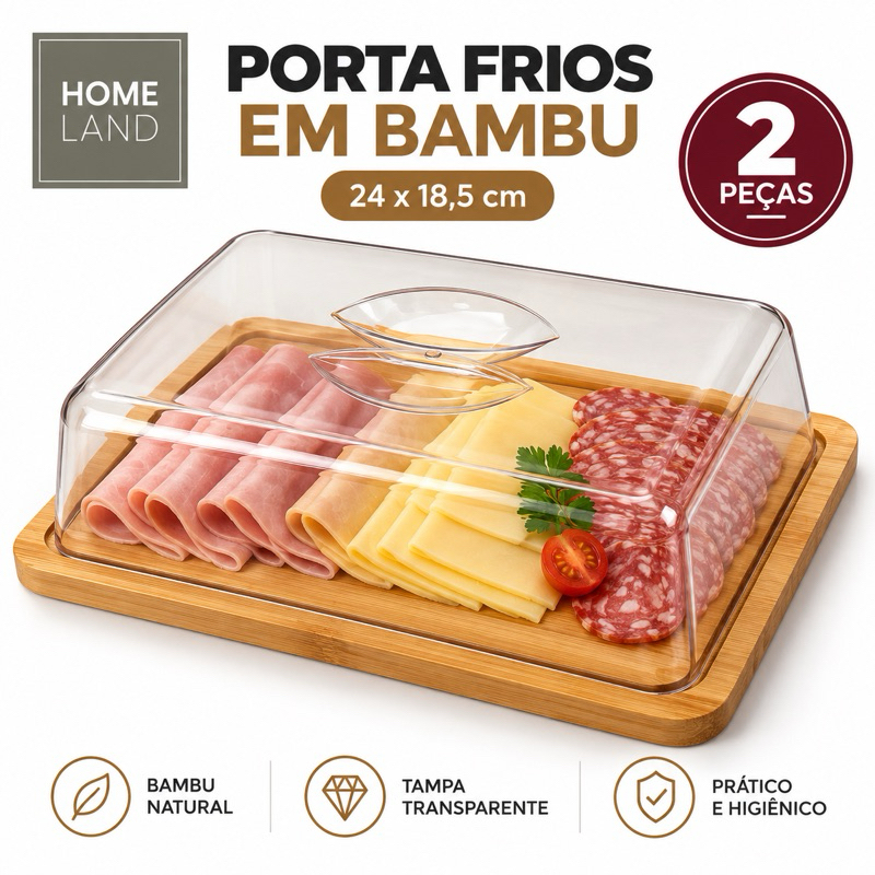 Porta Frios Bambu com Tampa Transparente 24x18cm Queijo Presunto Mesa Posta