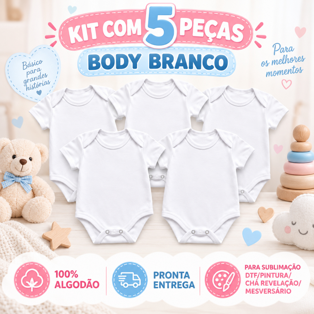 Kit 5 Body Bebê Branco Manga Curta Liso 100% Algodão para Sublimação Personalização Unissex Menino Menina
