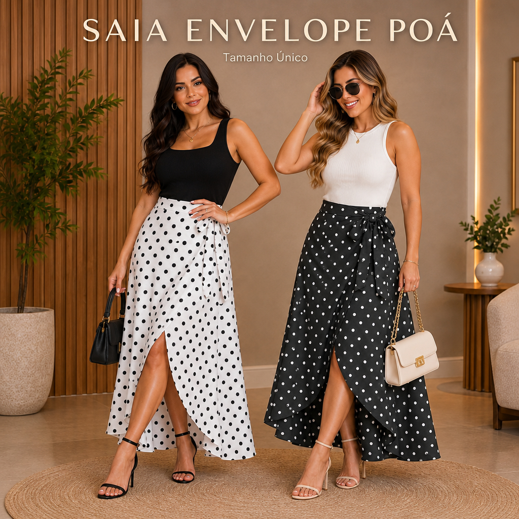 Saia Envelope Poá de Bolinha Midi Feminina Tecido Duna Premium Com Amarração Na Cintura Com Fenda Assimétrica Anos 80