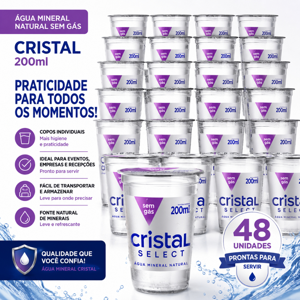 Água Mineral Natural Cristal Copo Sem Gás 200 Ml Caixa 48 unidades
