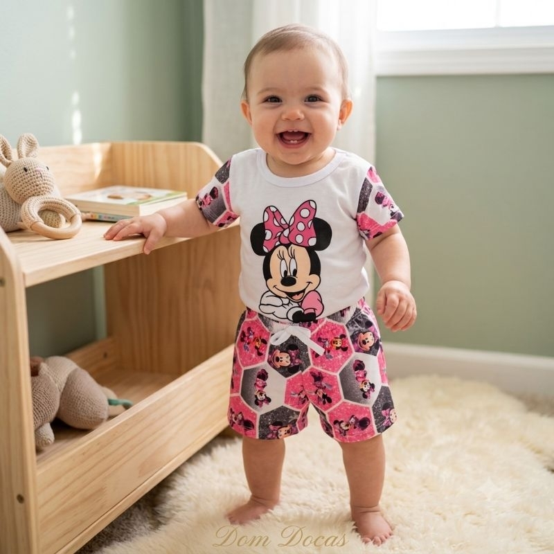 Conjunto Infantil Short Tactel Temático e Blusa malha Roupa de Bebe Menina Personagens Roupa Infantil