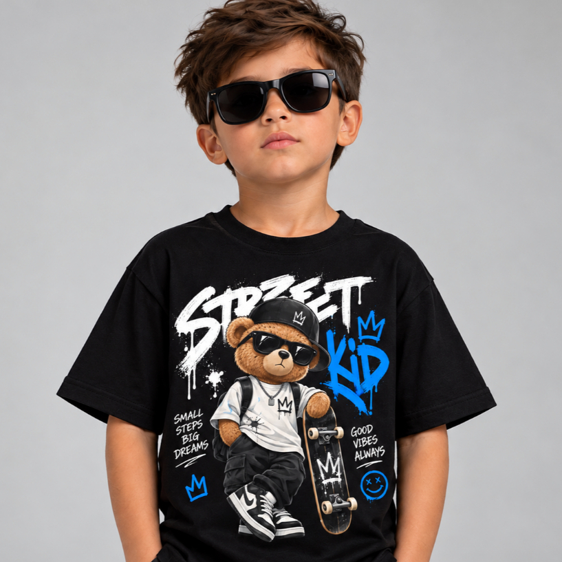 Camiseta Infantil Urso Streetwear Malha 100% Algodão Camisa Juvenil Estilosa, Camisa infantil