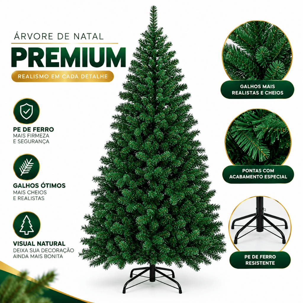 Árvore de Natal Canadense Luxo Pinheiro 1200 Galhos Cheios Hastes Flexíveis Base de Ferro