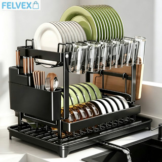 [FEL] Escorredor Organizador de Louças Preto Aço Inoxidável, Rack Suspensa para Cozinha, Estante Dupla