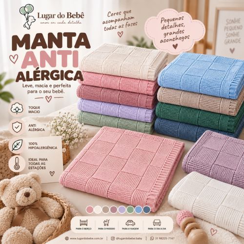 Cobertor Bebê Manta Tricô Quadriculada Anti Alérgica Recém Nascido  14 Cores Disponíveis