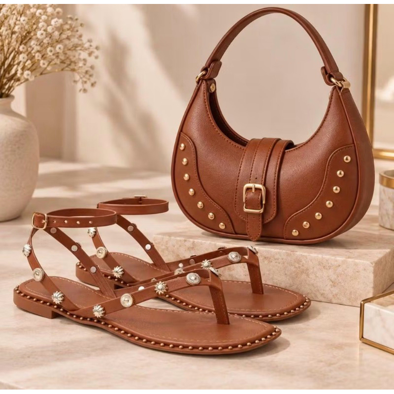 Kit Bolsa + Rasteira Vicerini Feminina com Detalhes – Elegante e Sofisticado moda verão