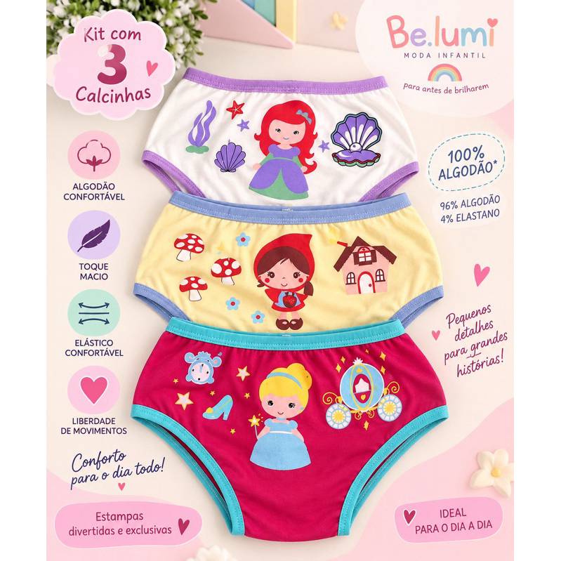 Kit com 3 calcinhas de algodão ultra confortável e macia para meninas