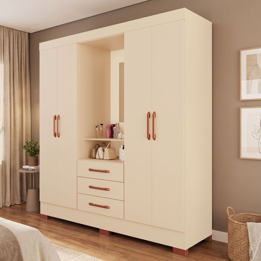 Roupeiro Obsidian 100% MDF Capelinha 4 Portas e 3 Gavetas Kit de Espelho e Pés