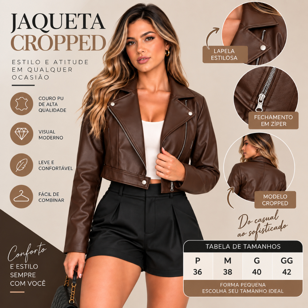 Jaqueta Feminina Couro Fake Biker Cropped Marrom Com Zíper