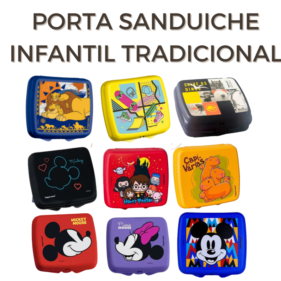 Porta sanduiche Tupperware Original lanche sanduicheira quadrada capivara/minnie/mickey/rei leão/dinossauros/skate