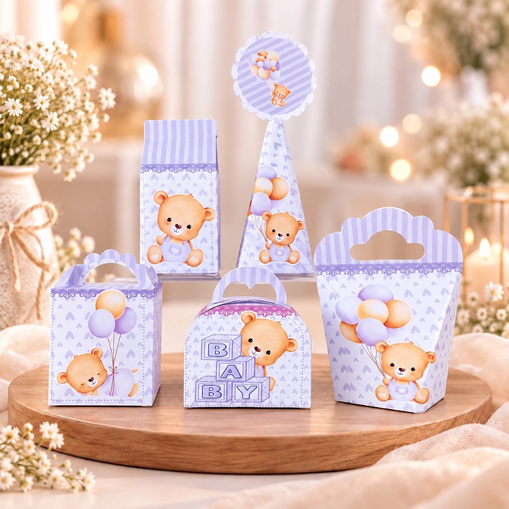 kit caixinhas ursinha lilás chá de fraldas festa festa infantil lembrancinhas personalizadas