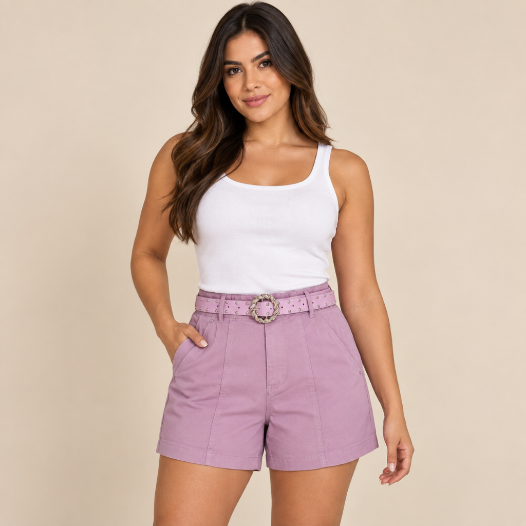 Short Social Feminino em Sarja com Elastano Cinto e Bolsos P ao GG