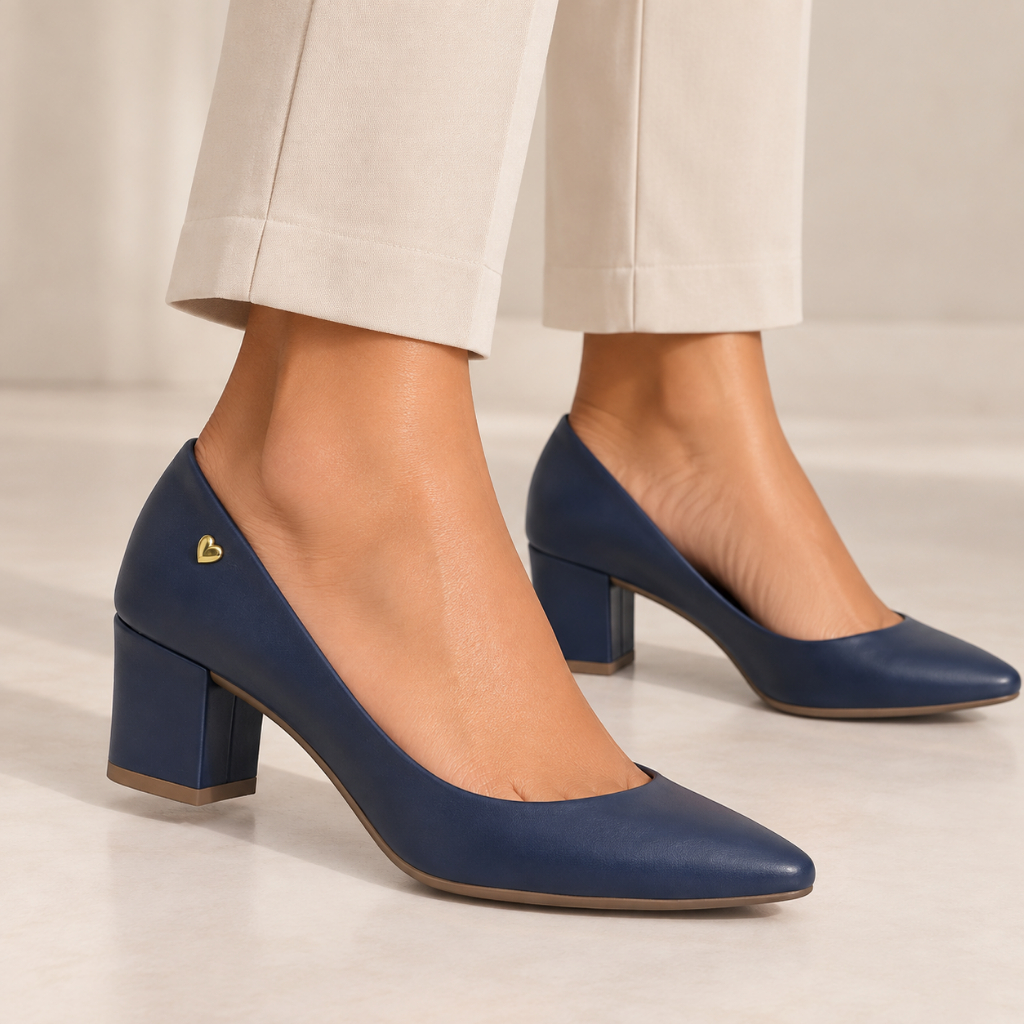Scarpin Feminino Sapato Salto Grosso Baixo Bico Fino Marinho Figueiroa