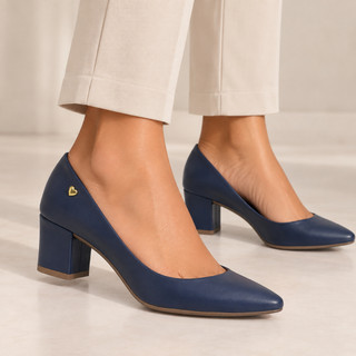 Scarpin Feminino Sapato Salto Grosso Baixo Bico Fino Marinho Figueiroa