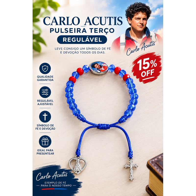 Pulseira Terço Carlo Acutis Regulável Ajustável Religiosa Católica