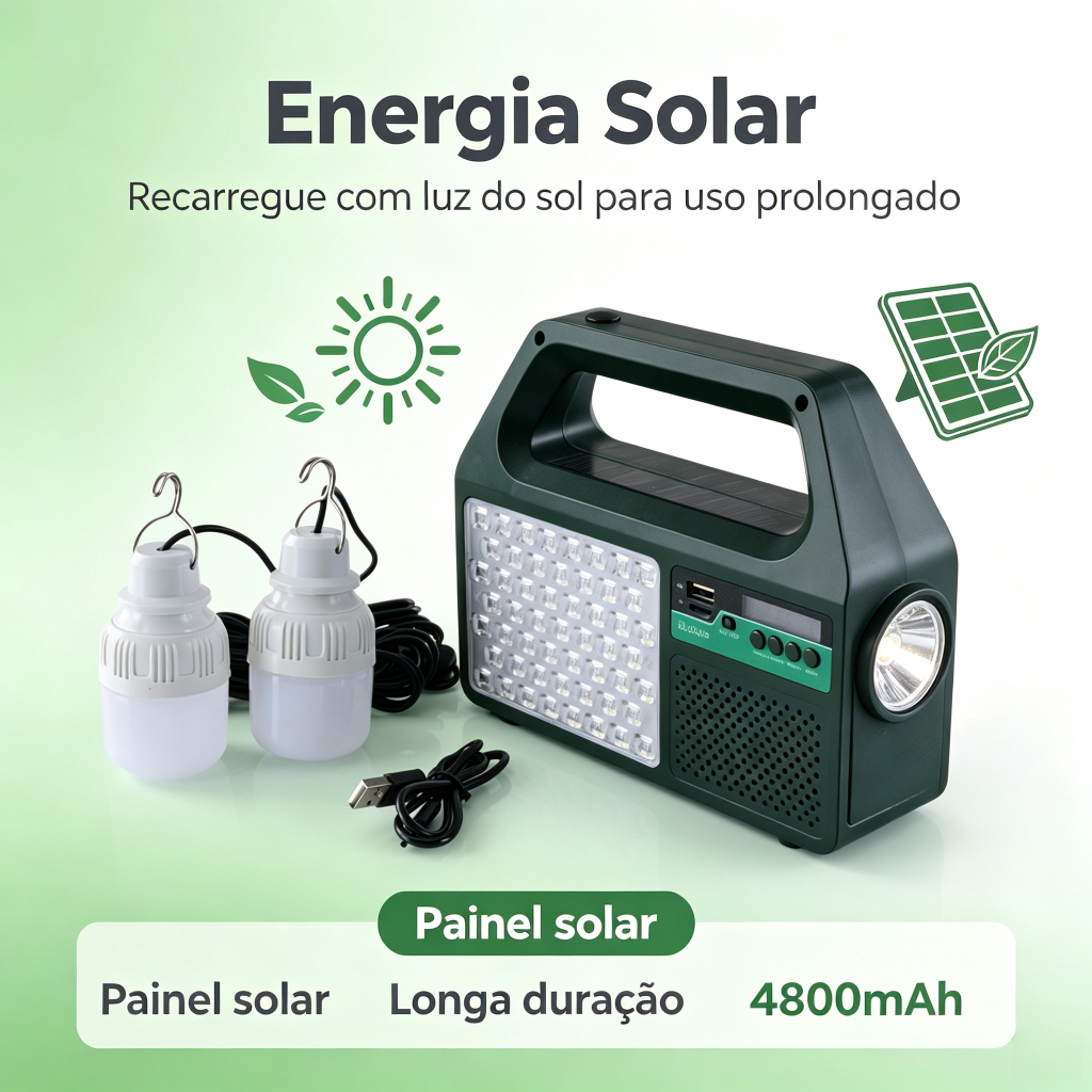Luminária Solar Portátil Multifuncional 4800mAh Rádio FM Bluetooth Carregador USB 2 Lâmpadas para Acampamento