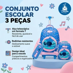 Kit Mochila de Rodinhas Stitch Disney Infantil Escolar com Lancheira e Estojo