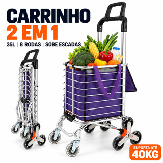 Carrinho de Compras 2 em 1 Dobrável 8 Rodas Sobe Escadas Bolsa 35L Alumínio Suporta 40kg Feira e Transporte