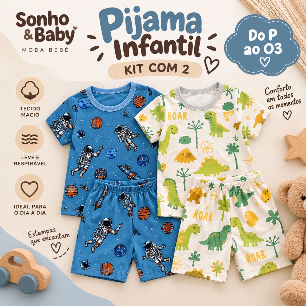 Kit 2 Pijamas Infantil Verão Manga Curta Menino Menina Estampado