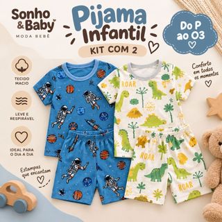 Kit 2 Pijamas Infantil Verão Manga Curta Menino Menina Estampado