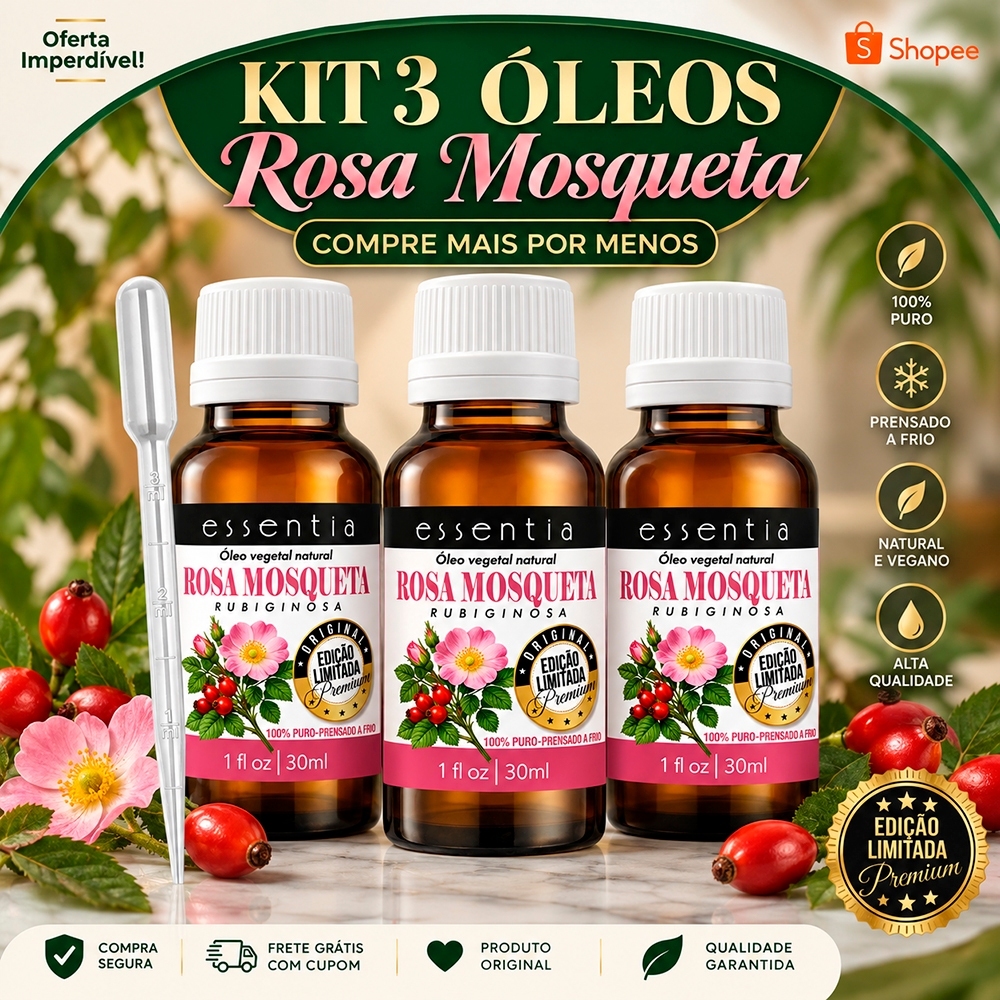 Kit Econômico 3x Óleo Rosa Mosqueta 30ml Puro Prensado a Frio + Pipeta de Precisão Grátis
