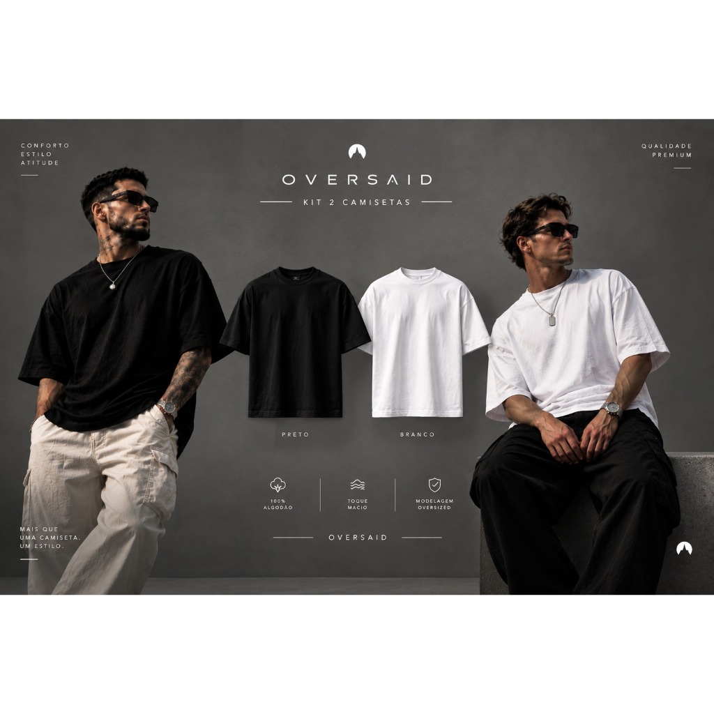 Kit 2 Camisetas Oversized Masculina 100% Algodão Premium Streetwear Lisa Casual