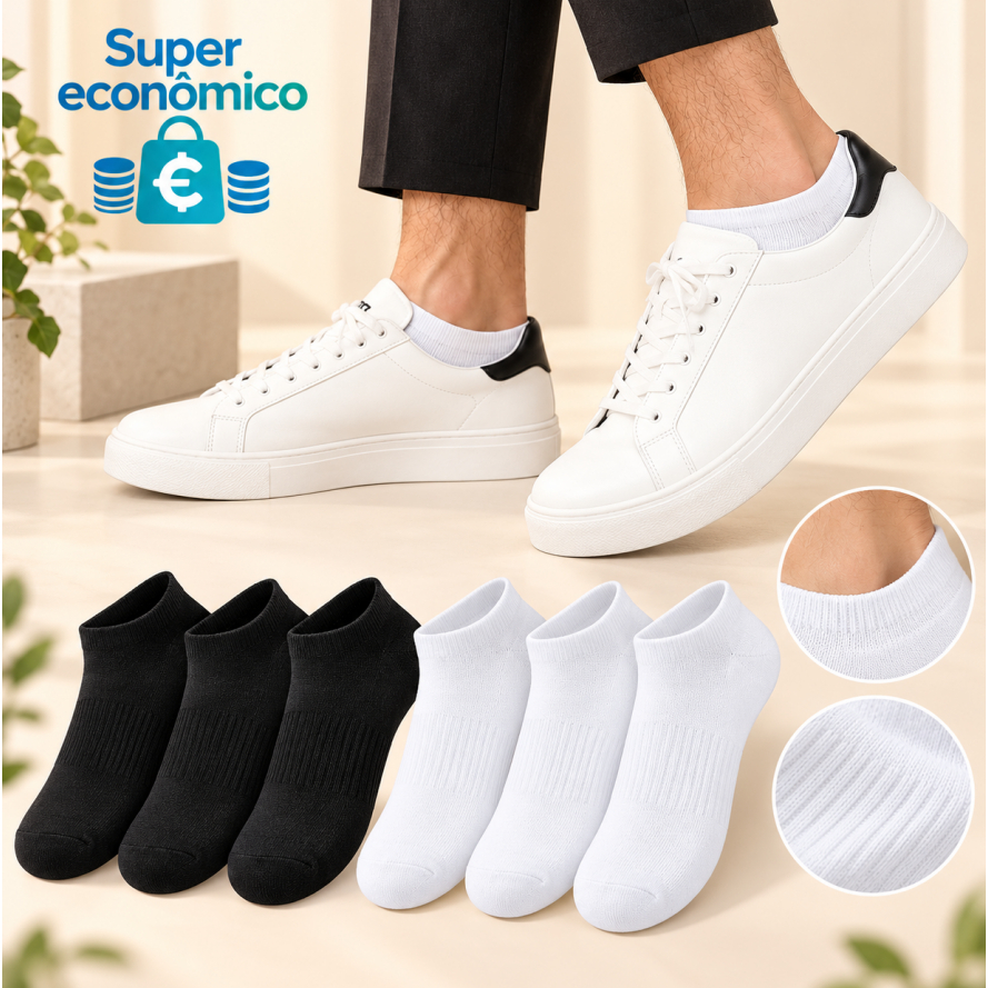 Kit 4/2 Pares Meias Masculinas Cano Baixo Algodão Respirável Antiodor Esportiva Casual Branco Preto Tamanho 40-45 Estamp