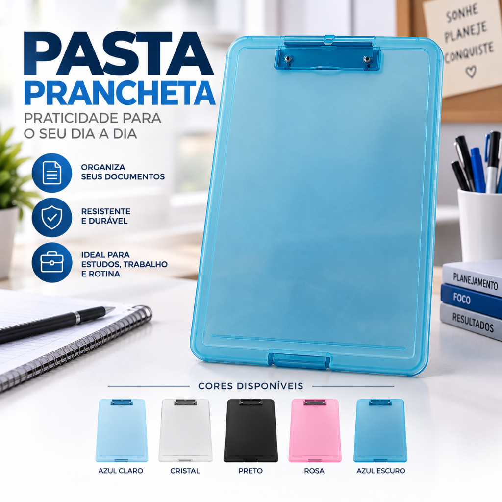 Prancheta Organizadora A4 com Compartimento Interno Pasta Porta Documentos Escritório Escola Resistente