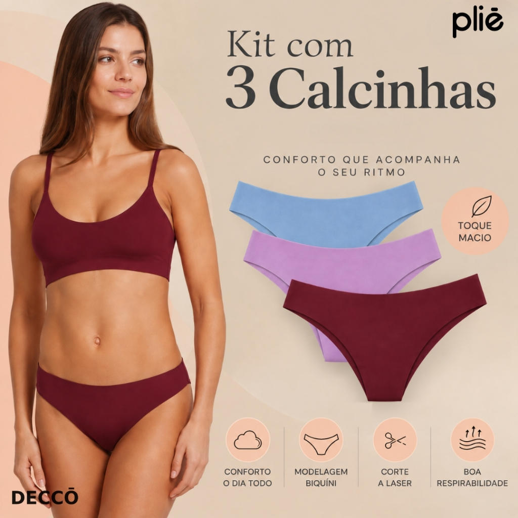 Kit 3 Calcinhas Plie Biquíni Invisível Corte a Laser Microfibra Confortável Feminina