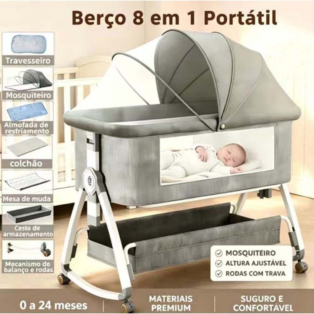 Berço Moisés 8 em 1 Portátil Co-bed Balanço Mosquiteiro Altura Ajustável Até 3 Anos - Preferido pelas mamães！