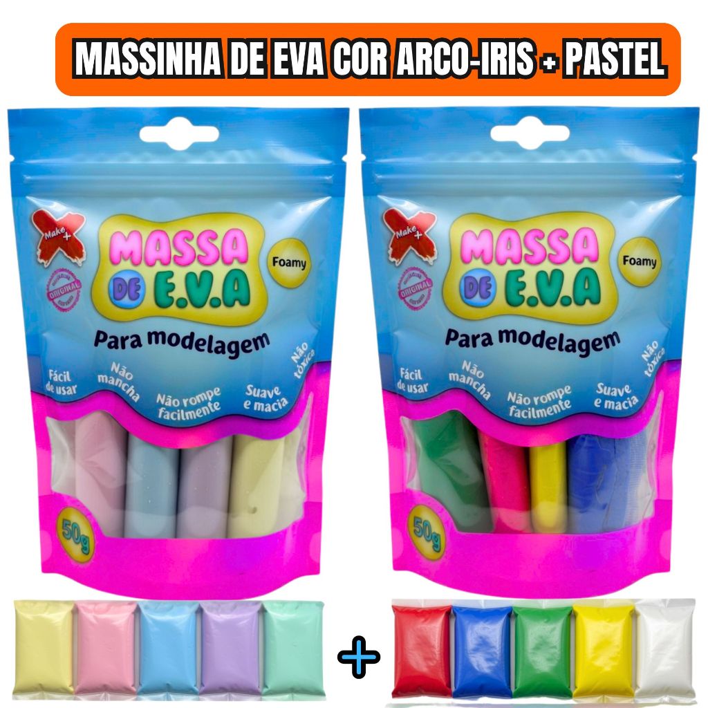 Massinha de EVA Make+ 10 Cores Pastel e Arco-Íris Artesanato Lembrancinhas DIY Modelar Escolar Infantil