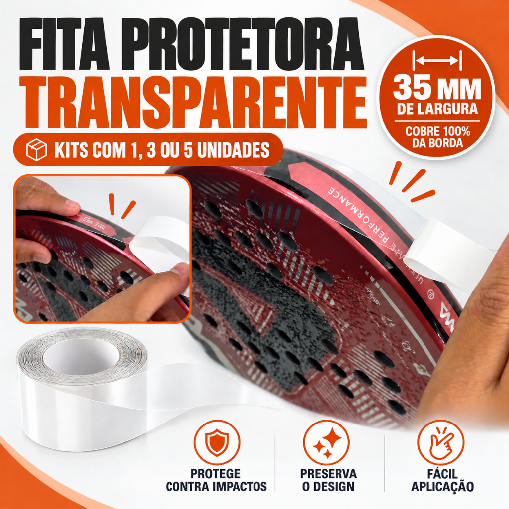 Fita Protetora de Cabeça 1/3/5UN Transparente Raquete BEACH TENNIS, TENIS E PADEL 35mm COBERTURA TOTAL