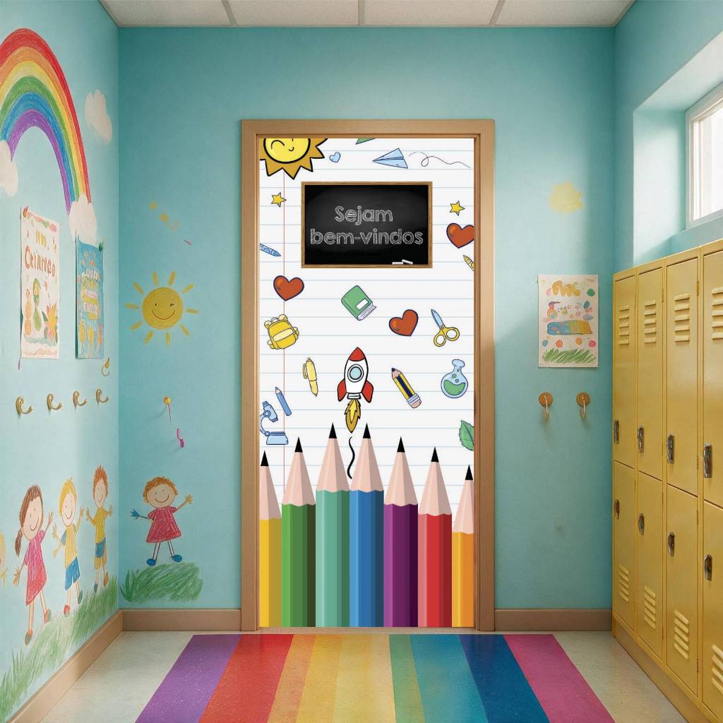 Capa Decorativa De Porta Tecido C/ Elástico Sejam Bem-Vindos - Volta às Aulas Modelo Veste Fácil