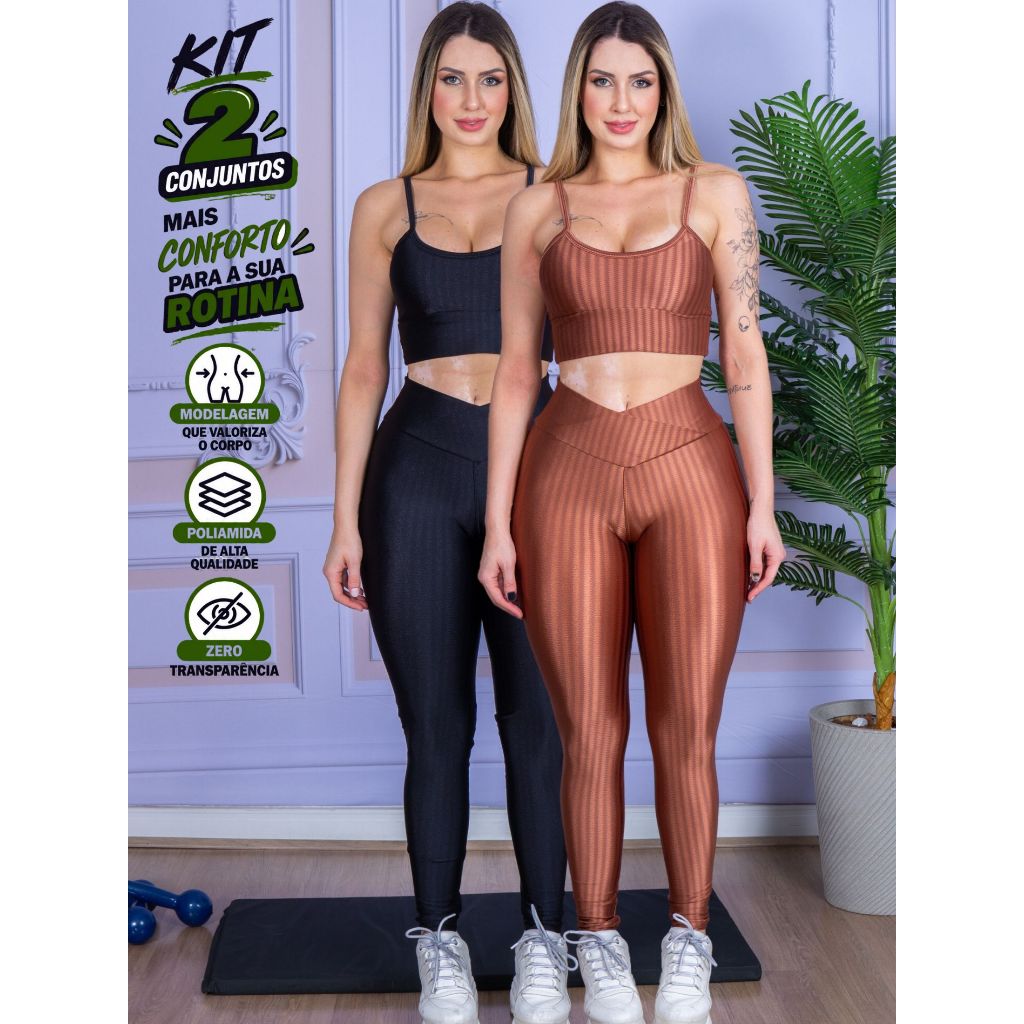 Kit 2 Conjuntos 3D Calça Cós Cruzado com Top Alça Feminino Fitness Academia Poliamida