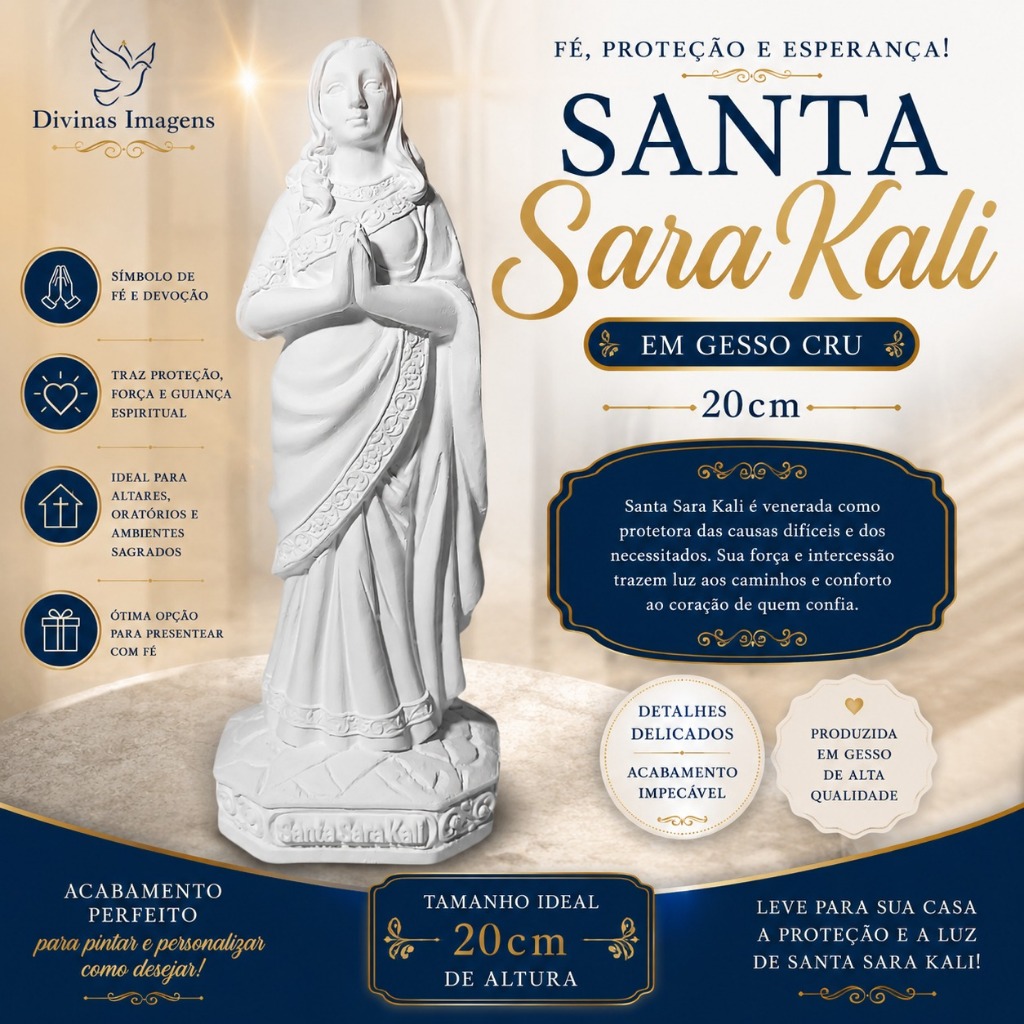 Santa Sara Kali 20cm Imagem em Gesso Cru para Pintar Padroeira do Povo Cigano Artesanato Religioso