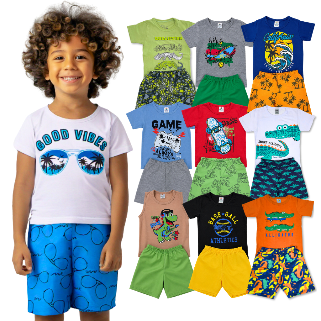 Kit 6 ou 10 Peças 3 ou 5 Conjunto Roupa Infantil Menino Verão Camiseta + Shorts Sortido Estampado