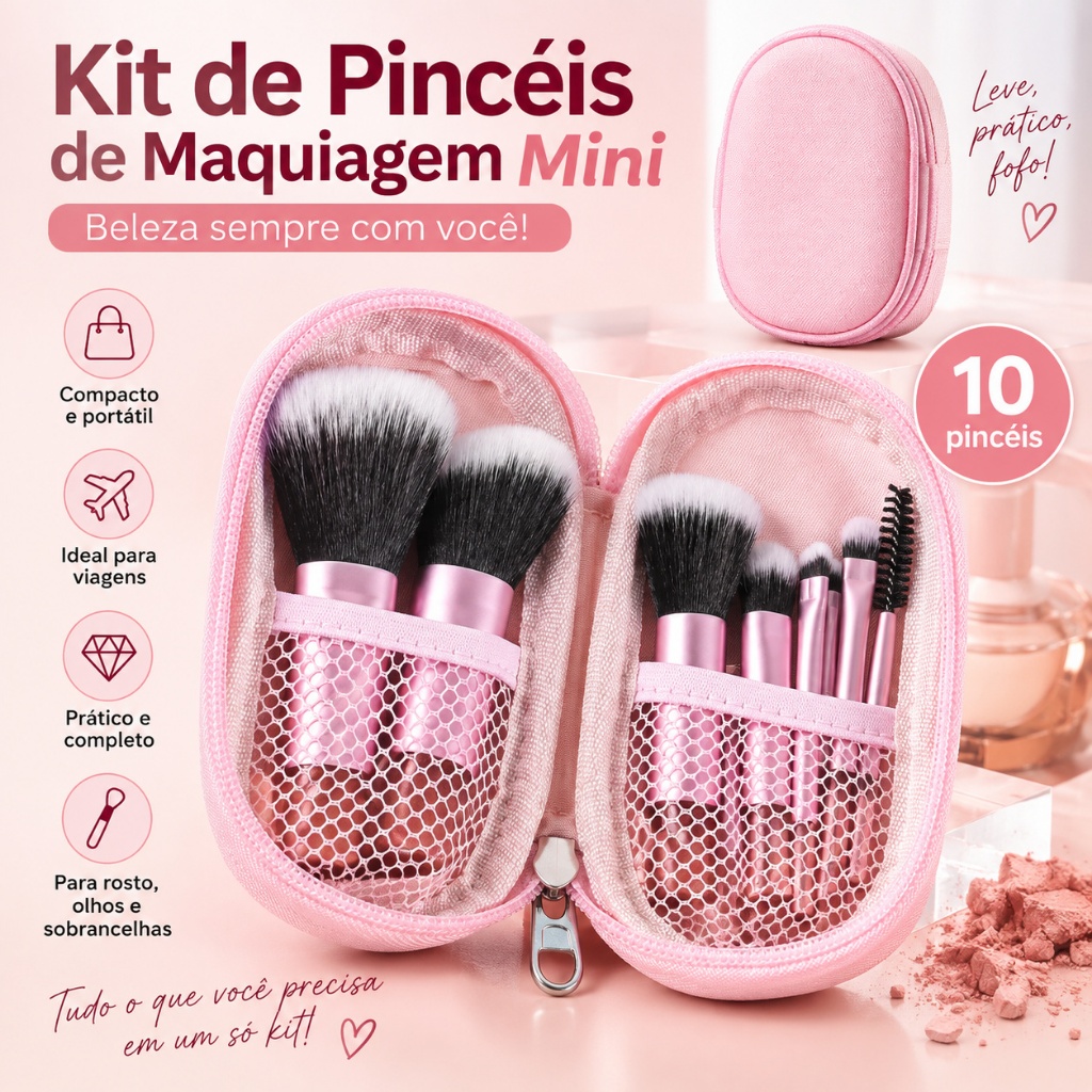 Kit 10 Mini Pincéis de Maquiagem Profissional com Estojo Portátil Bolsa para Viagem Rosto Olhos Sobrancelhas