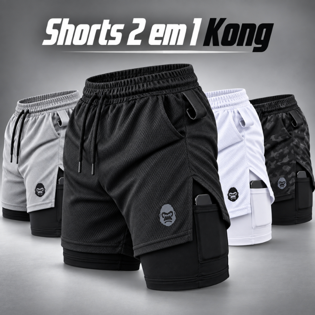 Shorts Masculino 2 em 1 Dry Fit Academia Corrida Bermuda de Compressão com Bolso Celular Kong