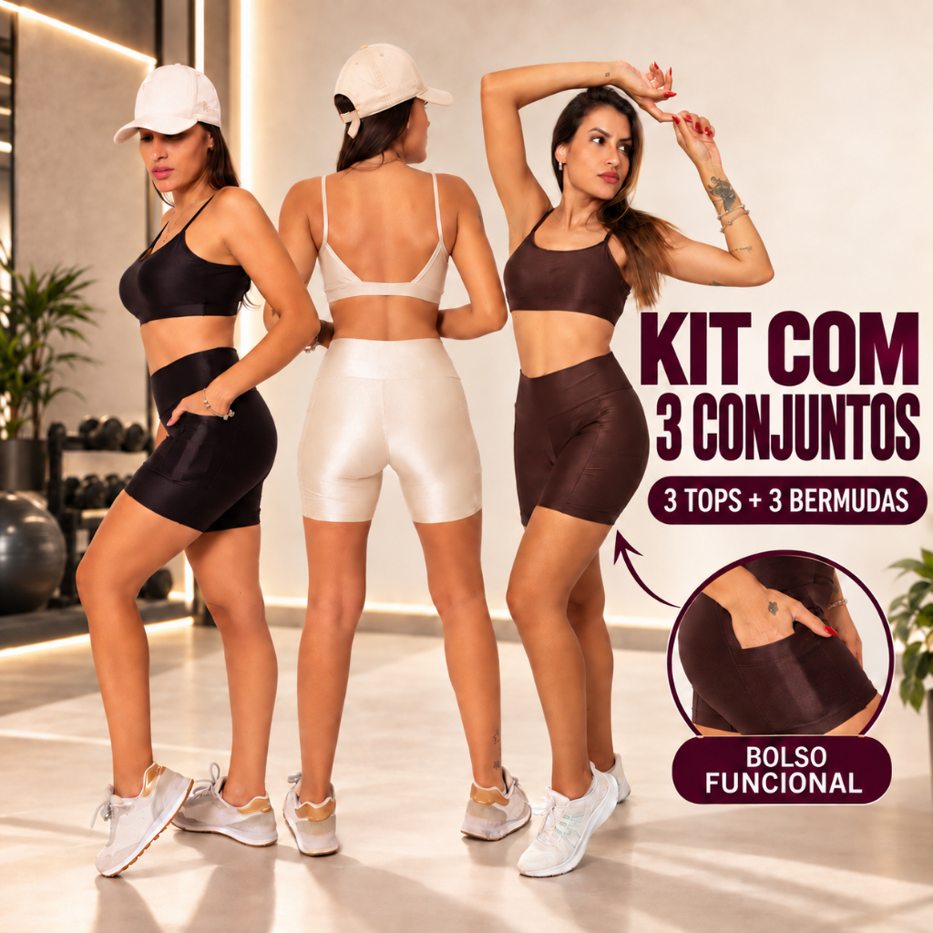 Kit 3 Conjuntos Fitness Feminino Top Fita Costas Abertas + Bermuda Meia Coxa com Bolso Poliamida Micro Canelada Academia