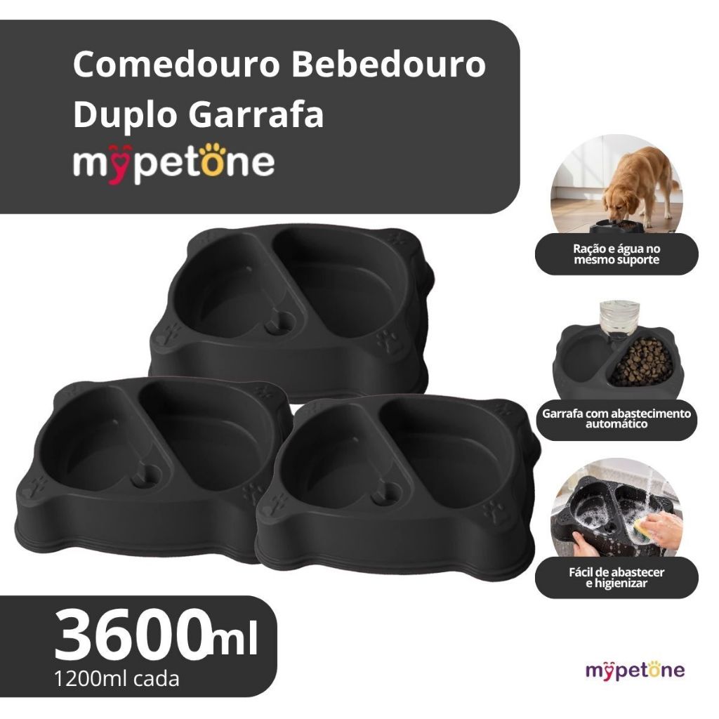 3 Comedouro Bebedouro Duplo Automático 1200ml Mypetone Preto Para Cachorro e Gato
