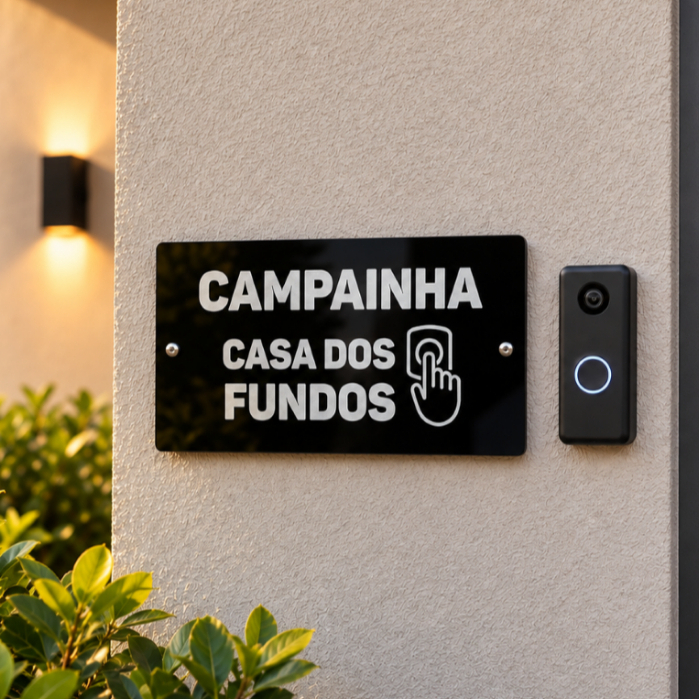 Placa de Campainha Casa dos Fundos Aviso Sinalização Acrilico Brilho Gravação a Laser Destaque