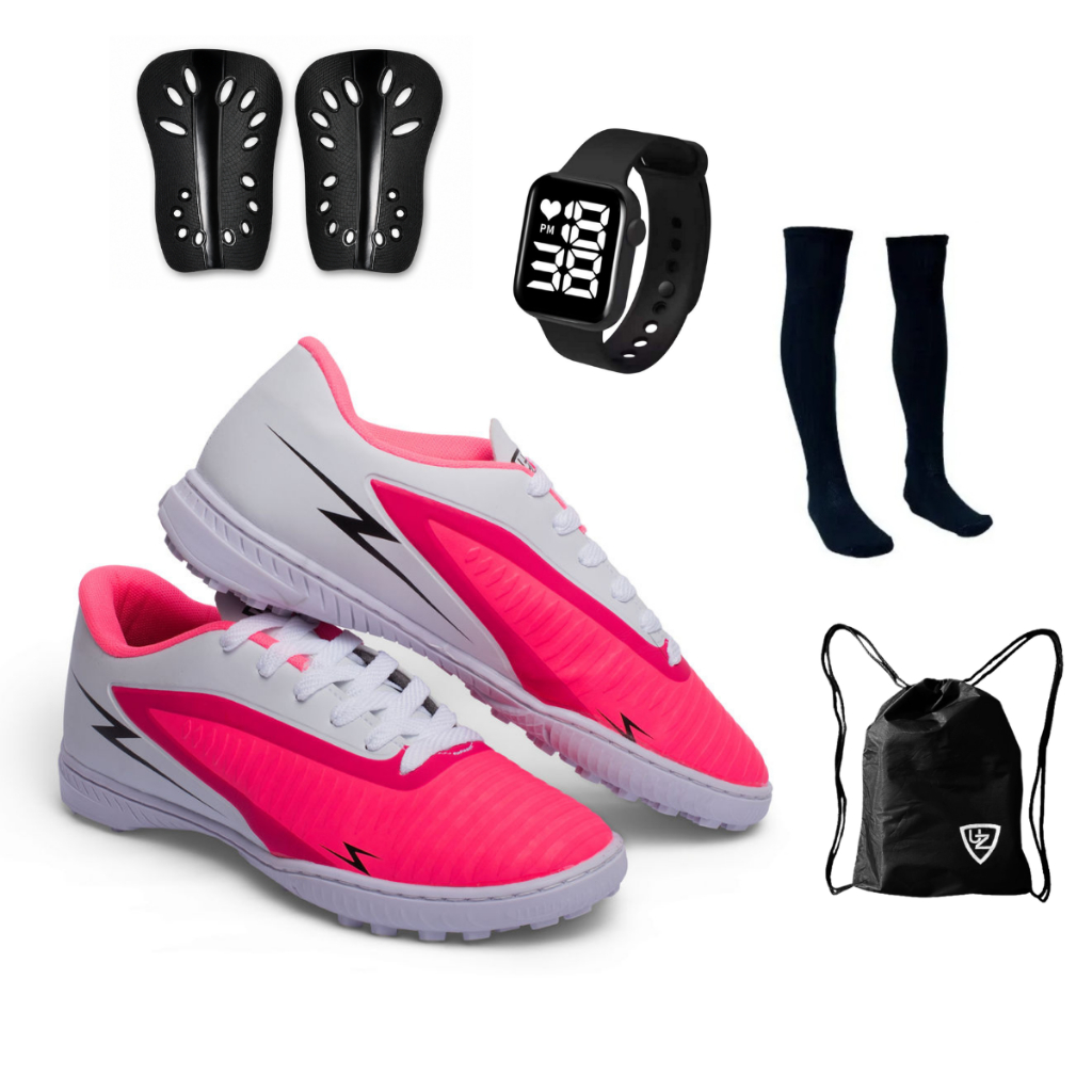 Chuteira Society Striker Adulto Original Uzze Sport Meião Mochila Caneleira Relógio