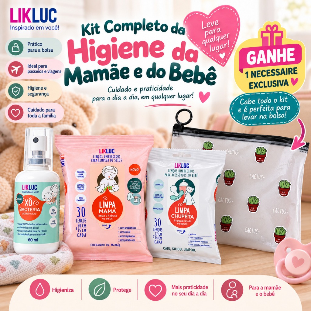 Kit Higiene Mamãe e Bebê Xô Bactéria Limpa Chupeta Limpa Mamá