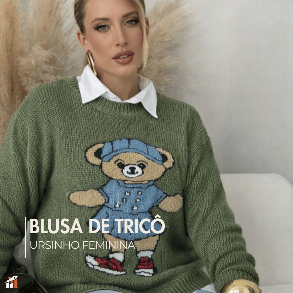 Blusa de Tricô Ursinho Feminina Inverno Outono Quentinha Confortável Estilo Casual Moda 2026