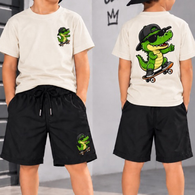 Camiseta + Short Tactel Infantil Masculina Estampada Crocodilo Radical Skate – Moda Menino 2 ao 16 Conjunto Infantil