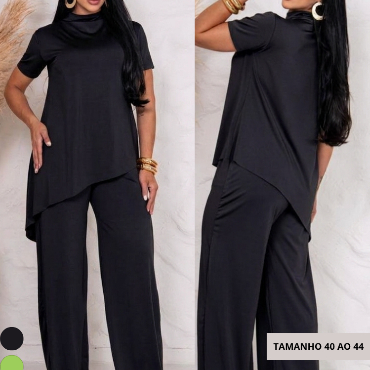 Conjunto Feminino Blusa Assimétrica Calça Pantalona Cós Alto elegante