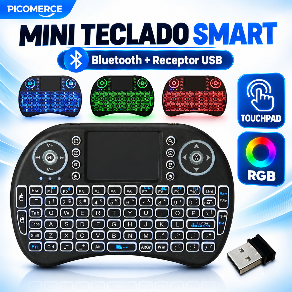 Mini Teclado para Smart TV e TV Box Bluetooth com Touchpad RGB e Receptor USB PC Notebook