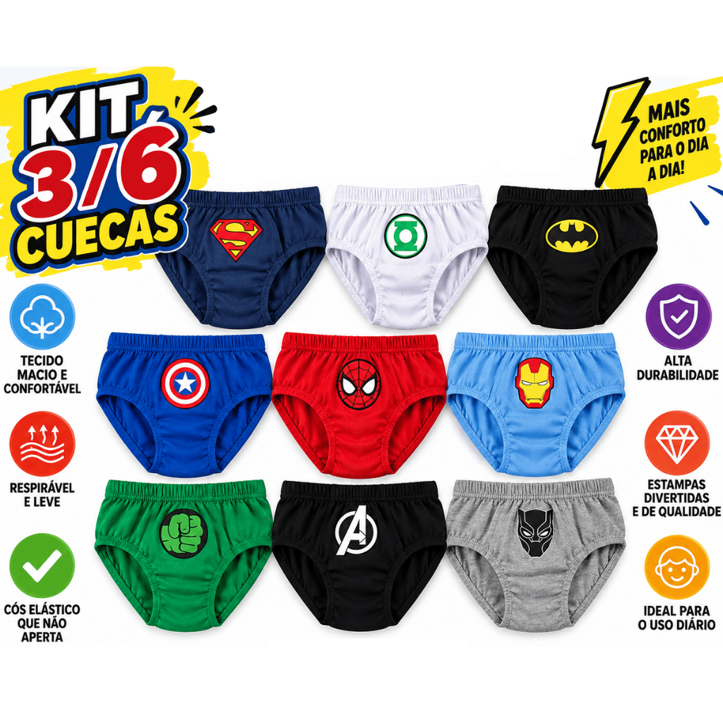 Kit 6 Cuecas Slip Infantil Super Herois ou Desenhos Menino Algodão